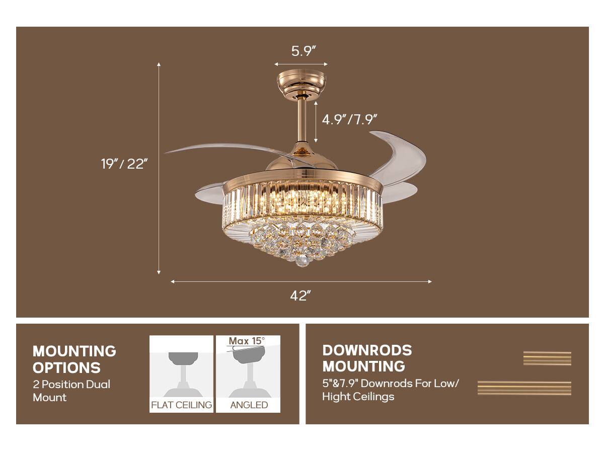 5.9"  
4.9"/7.9"  
19"  
19"/22"  
42"  

MOUNTING OPTIONS  
2 Position Dual Mount  
FLAT CEILING  
ANGLED  
Max 15"  

DOWNRODS MOUNTING  
5"&7.9" Downrods For Low/ High Ceilings