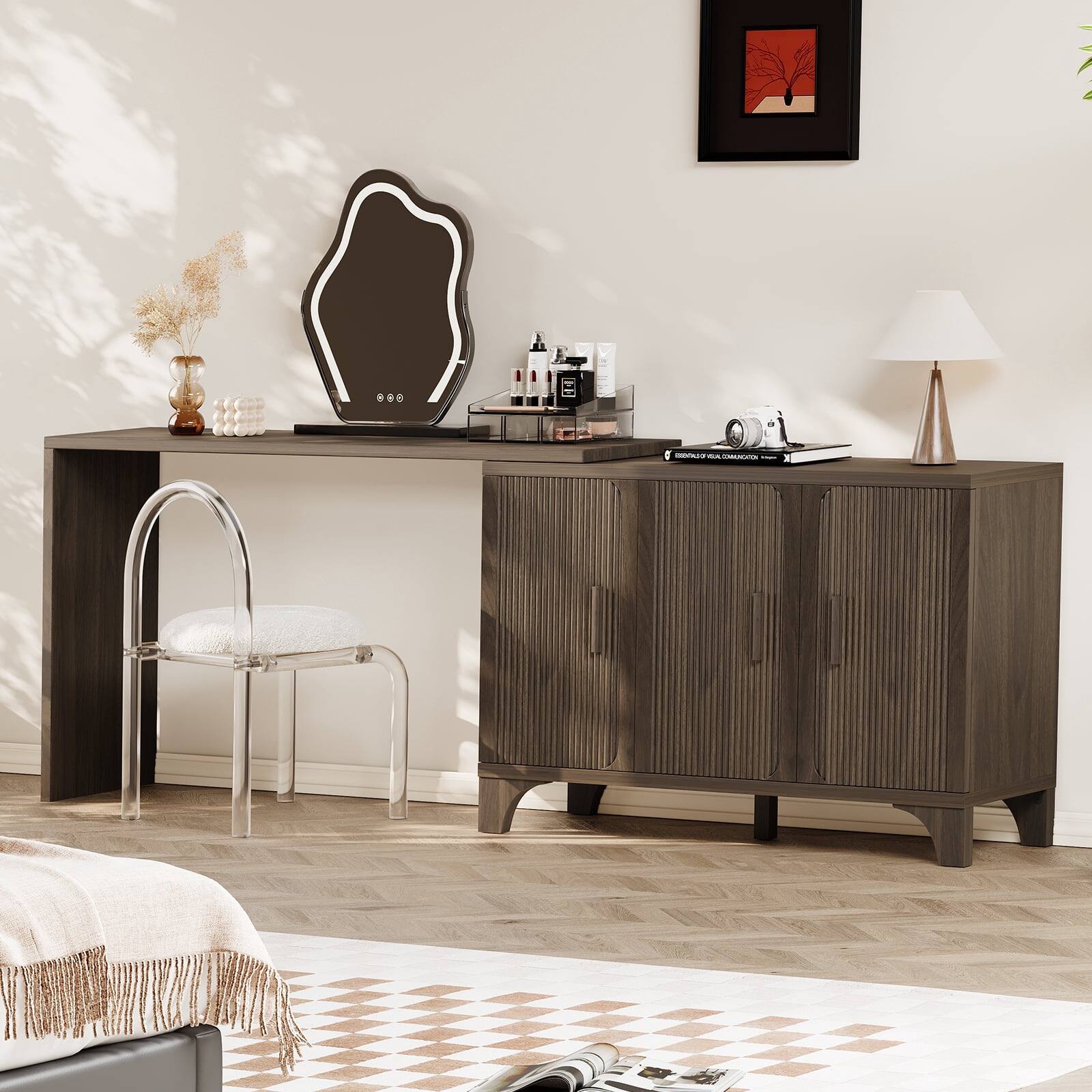 Angle. Sugift - 47 Inch Fluted Buffet Cabinet Sideboard with 3 Doors and 4 Storage Compartments - Walnut Brown.