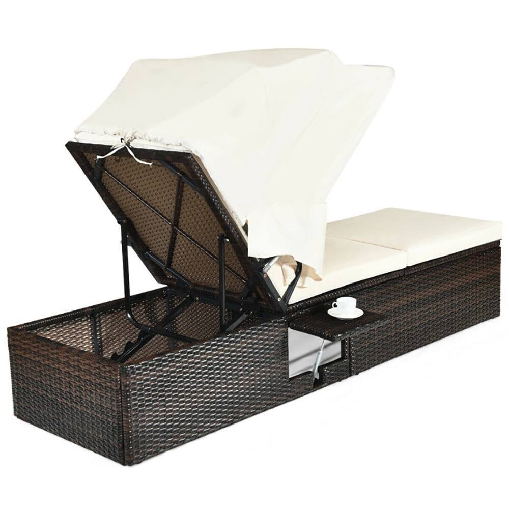 Alt View 6. Kadyn - Outdoor Chaise Lounge Chair, Chaise Cushioned Top Canopy Patio Rattan Lounge Chair with Tea Table - White.