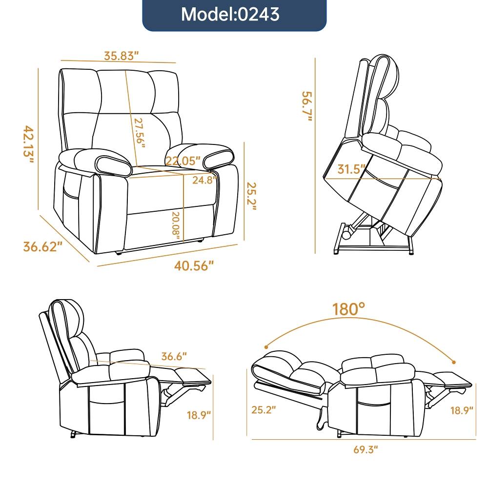 Model: 0243

- 42.13"
- 36.62"
- 35.83"
- 27.56"
- 22.05"
- 24.8"
- 20.08"
- 40.56"
- 25.2"
- 56.7"
- 31.5"
- 180°
- 36.6"
- 18.9"
- 25.2"
- 18.9"
- 69.3"
