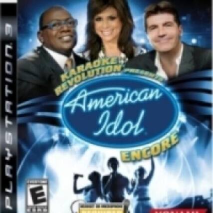 Sure, here is the corrected and grouped text from the image:
**Karaoke Revolution Presents:**
**American Idol Encore**
**PlayStation 2**
**E** (ESRB rating) - E (Everyone)