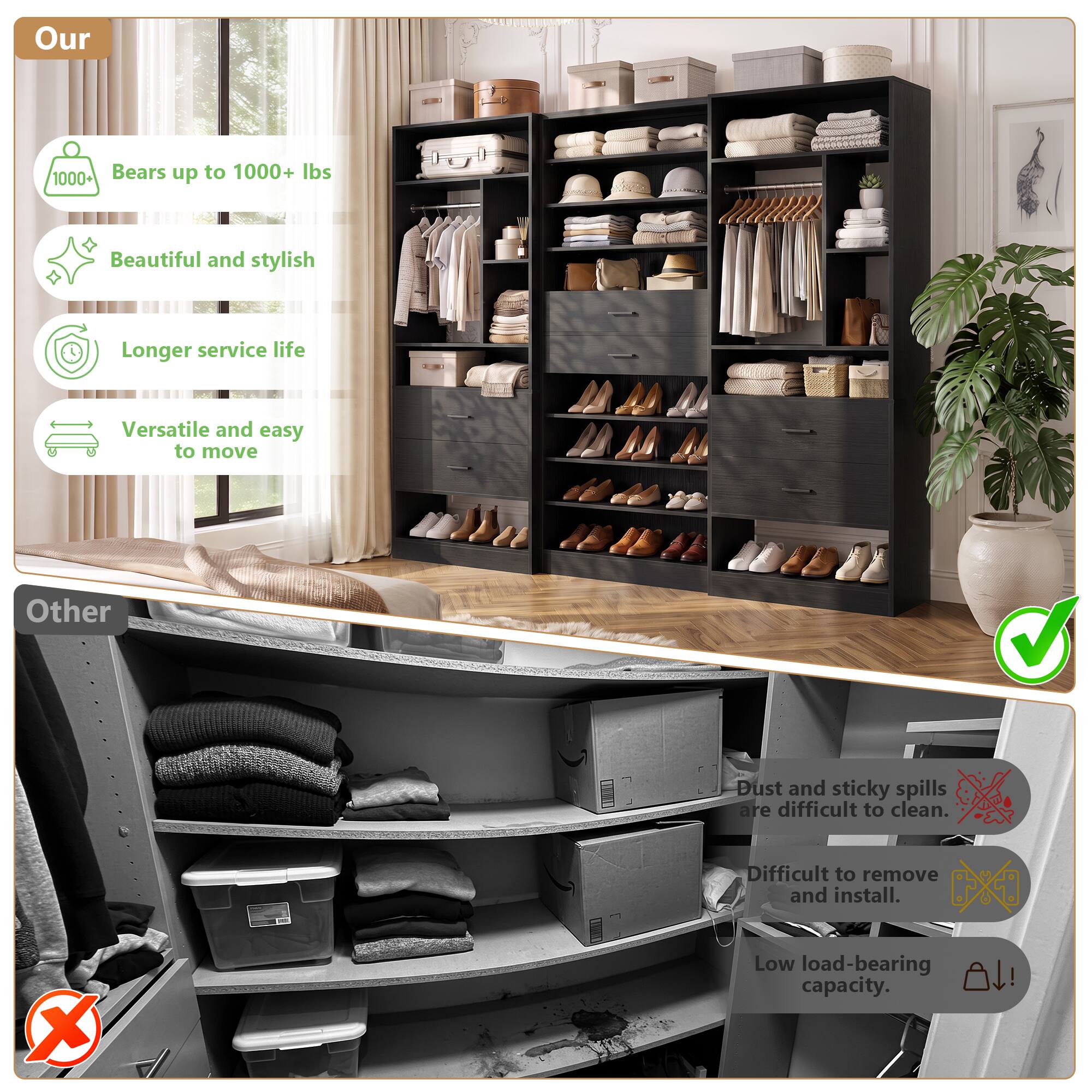 Our 1000+ Bears up to 1000+ lbs Beautiful and stylish Longer service life Versatile and easy to move

Other Dust and sticky spills are difficult to clean. Difficult to remove and install. Low load-bearing capacity.