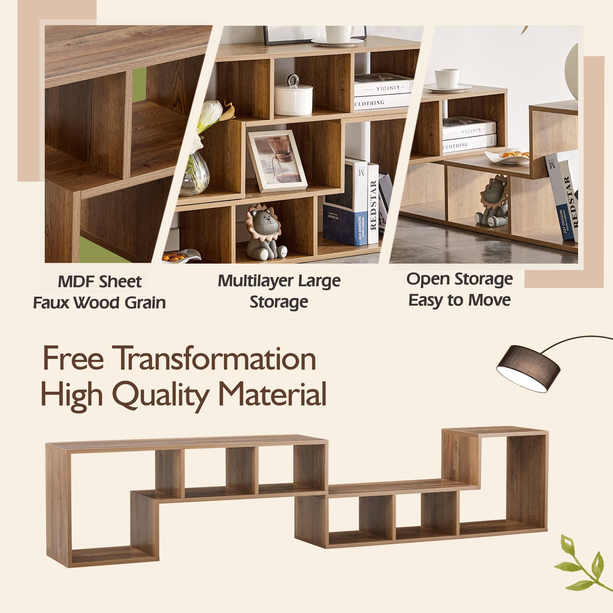 MDF Sheet  
Faux Wood Grain  

Multilayer Large Storage  

Open Storage  
Easy to Move  

Free Transformation  
High Quality Material