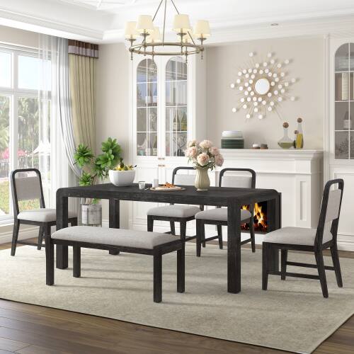 Alt View 2. LUCKY ONE - 6-Piece Rustic Dining Set with 72" Extendable Dining Table, Bench and 4 Upholstered Chairs - Espresso.