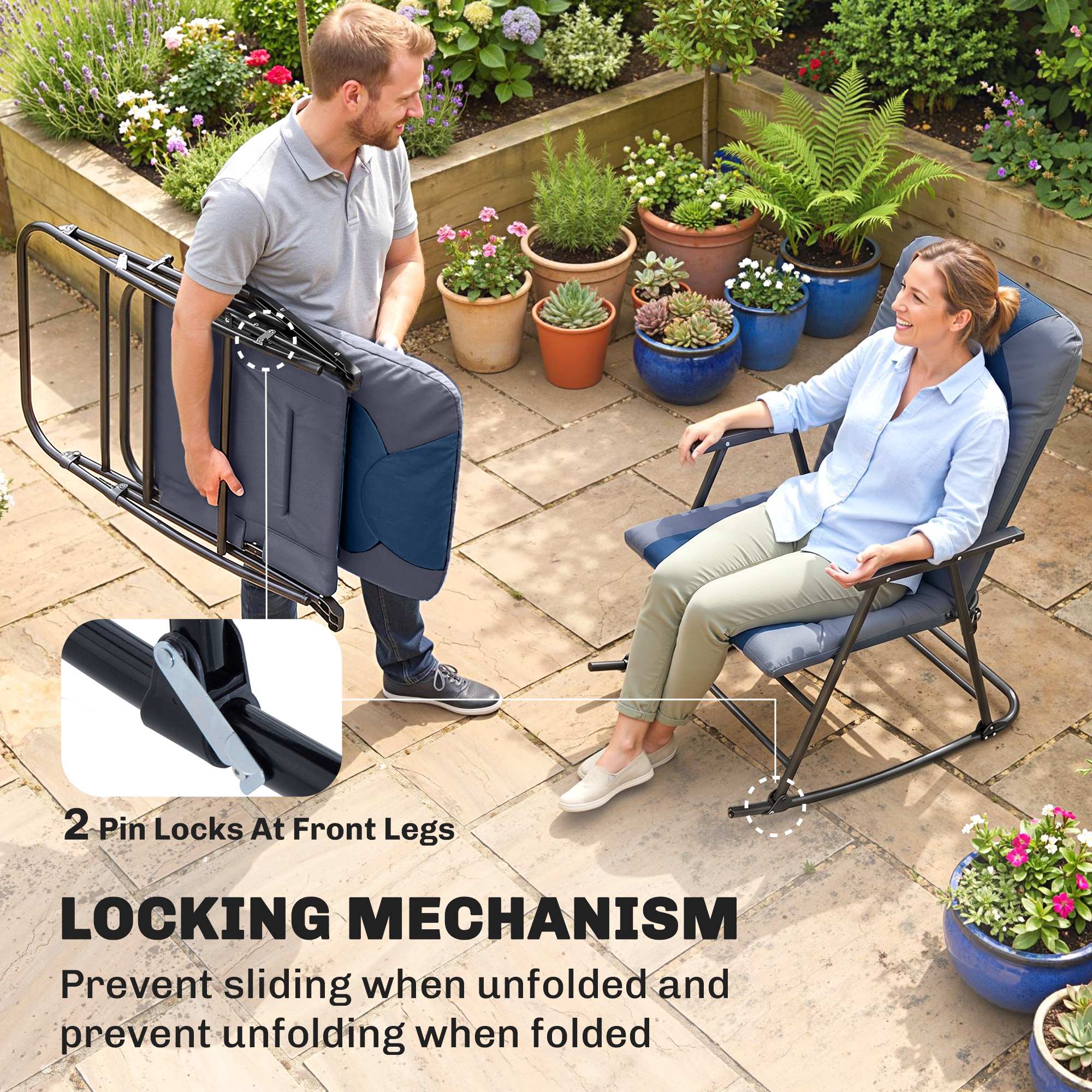 2 Pin Locks At Front Legs

LOCKING MECHANISM

Prevent sliding when unfolded and prevent unfolding when folded
