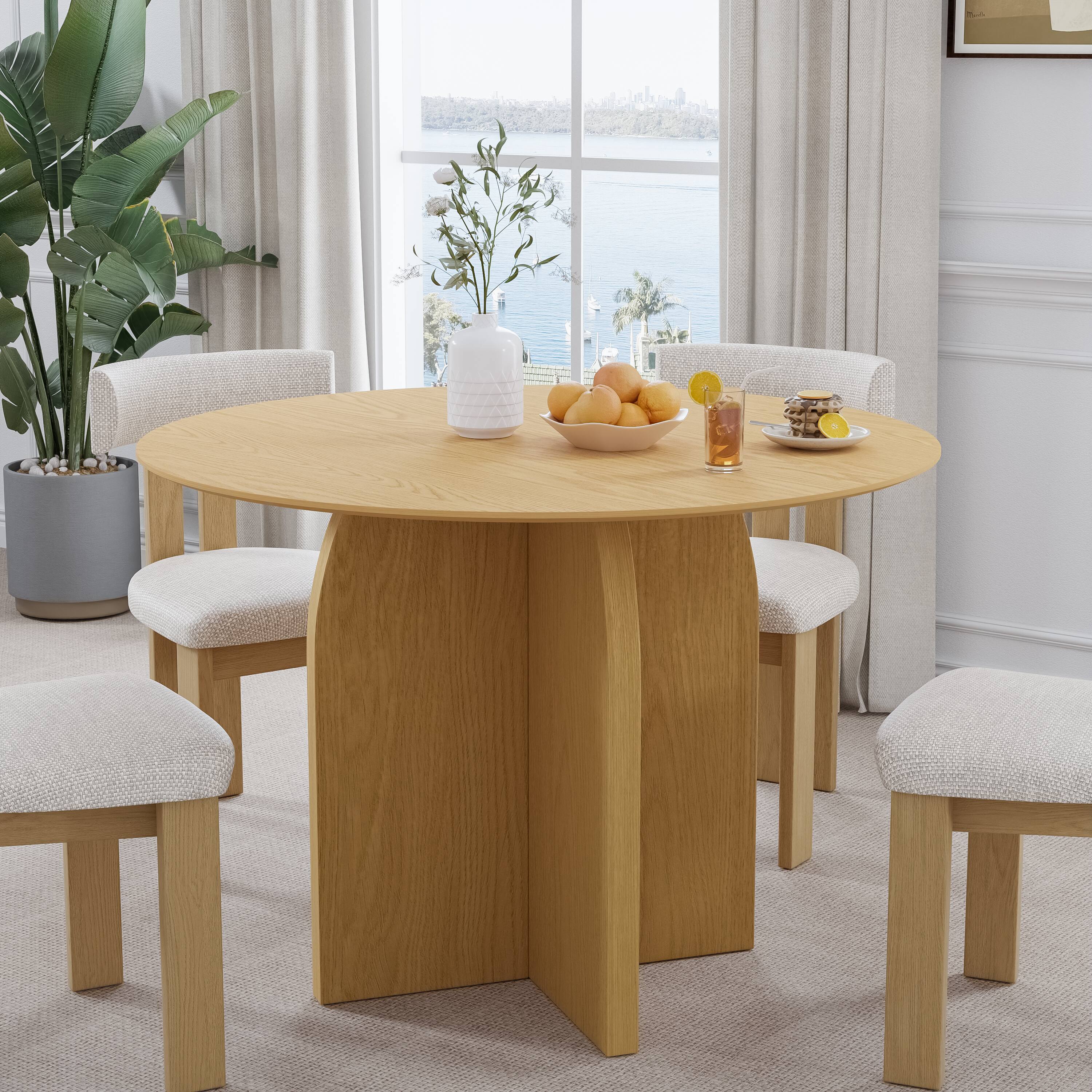Alt View 1. Lirago - 42in. Arched Leg Round Dining Table Natural Finish Solid Wood Timeless Style,Seats 6 People - Beige.