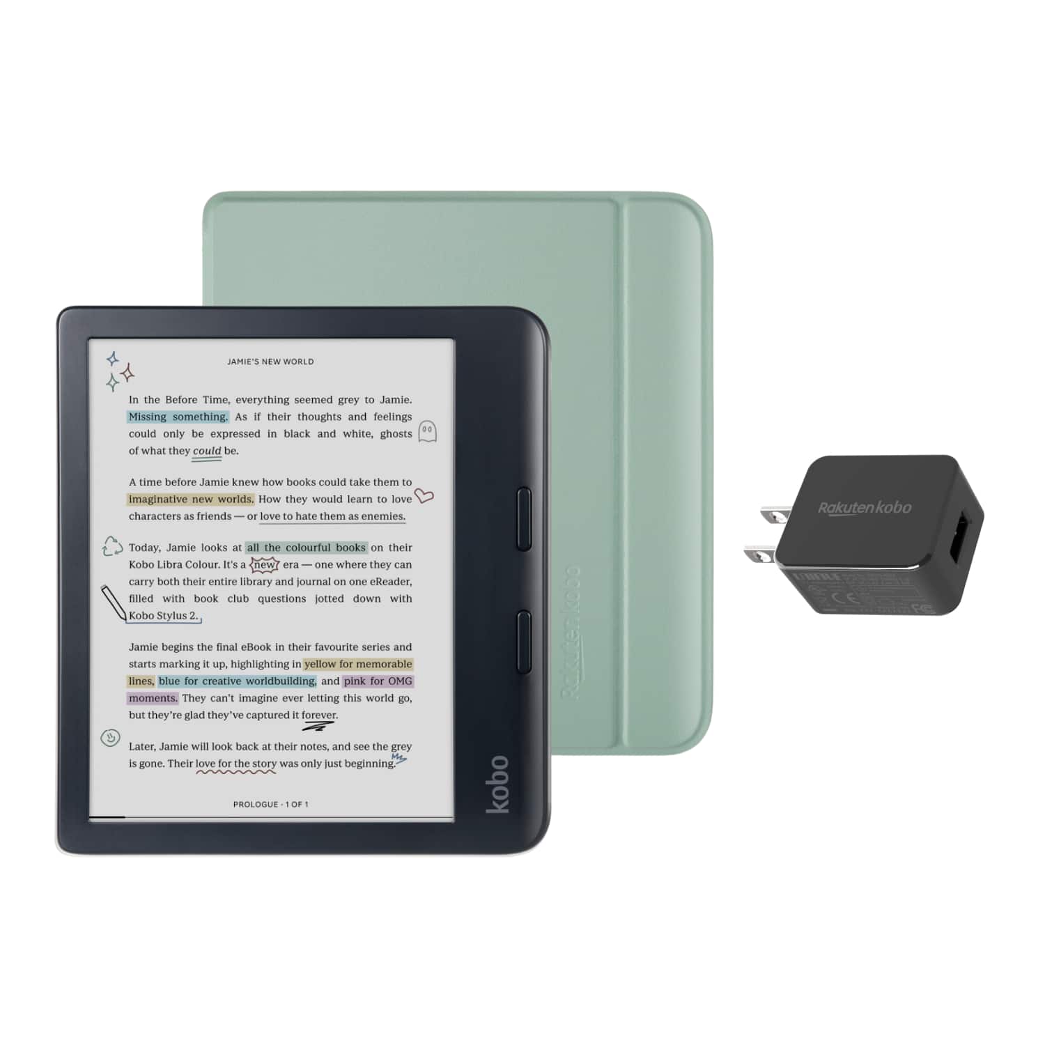 Kobo - Libra Colour eReader (Black) with and AC Bundle - 2024 - Garden Green Basic SleepCover