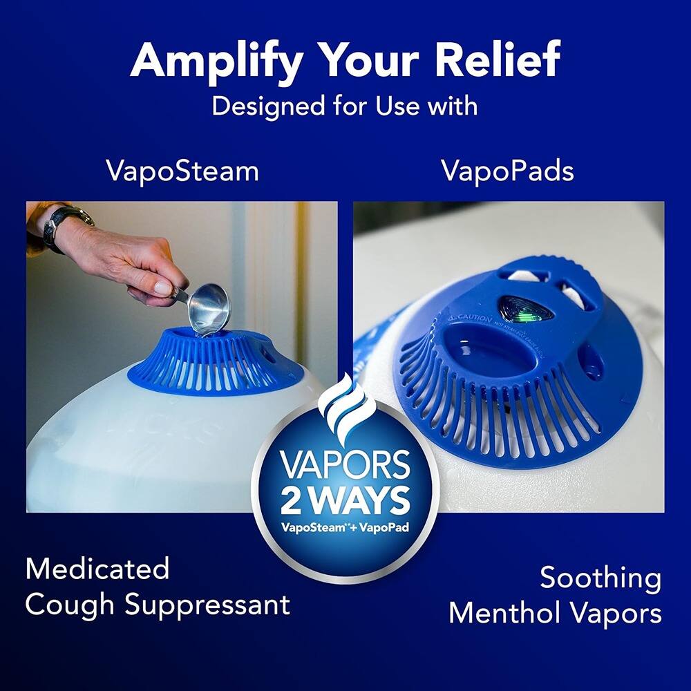 Amplify Your Relief  
Designed for Use with  
VapoSteam and VapoPads  

VAPORS 2 WAYS  
VapoSteam + VapoPad  

Medicated Cough Suppressant  
Soothing Menthol Vapors  

CAUTION