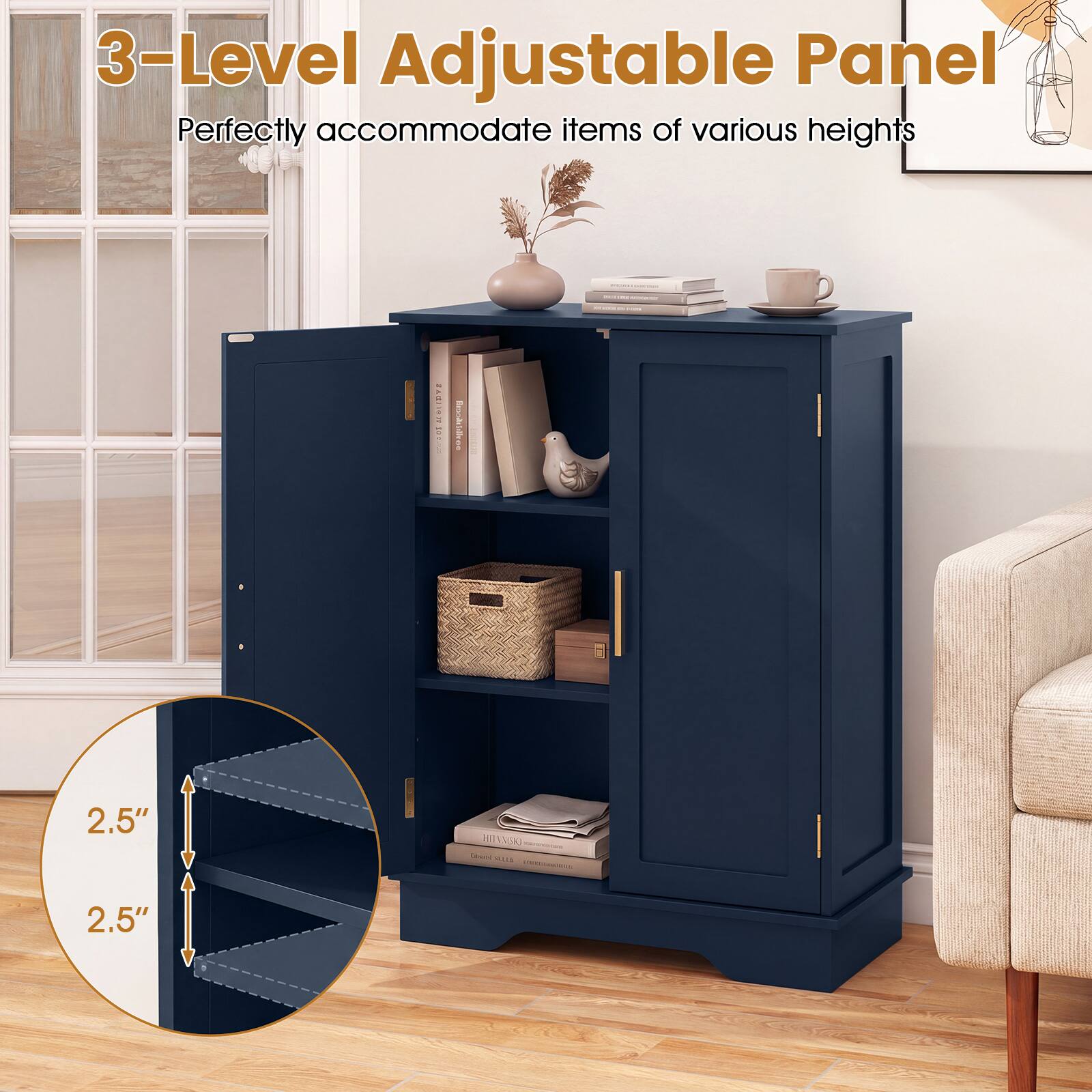 3-Level Adjustable Panel  
Perfectly accommodate items of various heights

MILK  
MATORN TO  
Willer Benastikes  
-  
" 2.5"  
HMANISKI Loves 1072% 201000000000  
2.5"