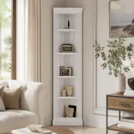 RYHNUYNE - 83.4 in 5-Tier Corner Shelf with Adjustable Feet Solid Wood Frame and MDF Board Open Display Stand - White