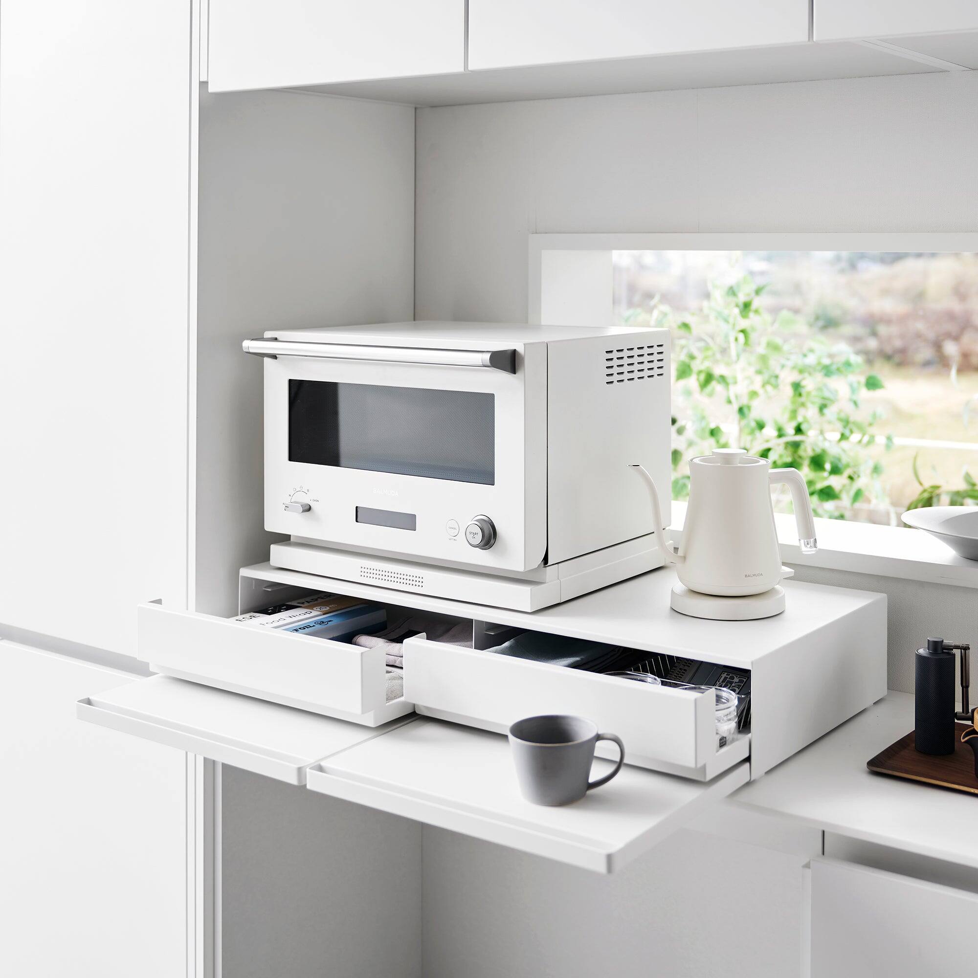 Left. Yamazaki Home - Countertop Drawer with Pull-Out Shelf - Wide - Steel - White.