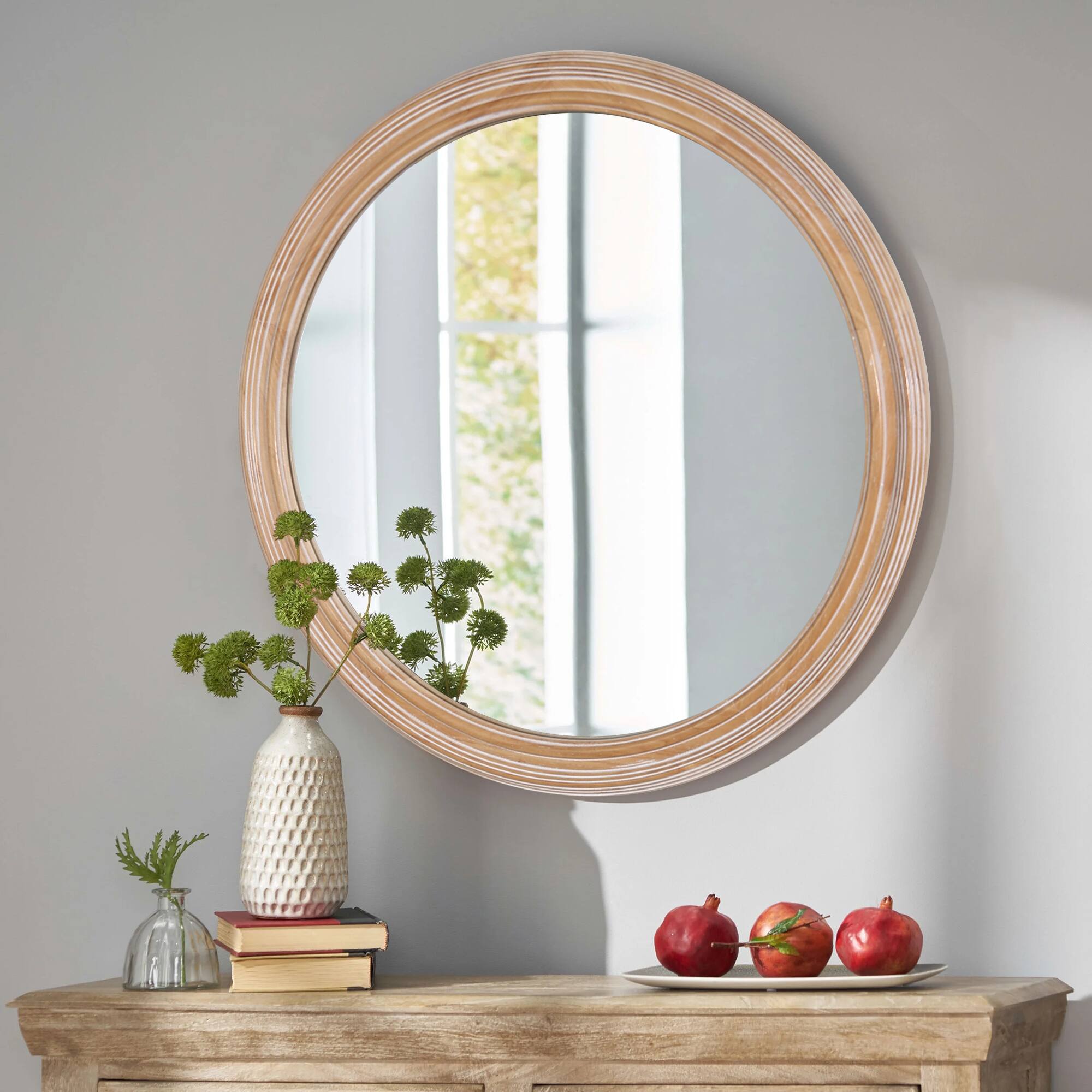 Alt View 7. PAIHOME - Round Wall Mirror for Bathroom Vanity, Wooden Farmhouse Circle Mirrors for Bedroom, Entryway, Living Room - 27.5” ×27.5"-Brown.