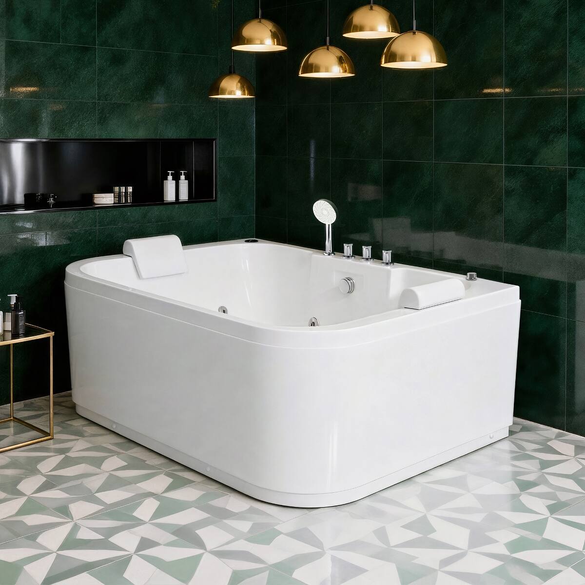 Left. Loheer - Loheer 61 in Acrylic Freestanding Whirlpool Bathtub for Two with Heater LED Lights and 16 Water Jets - Milk White.