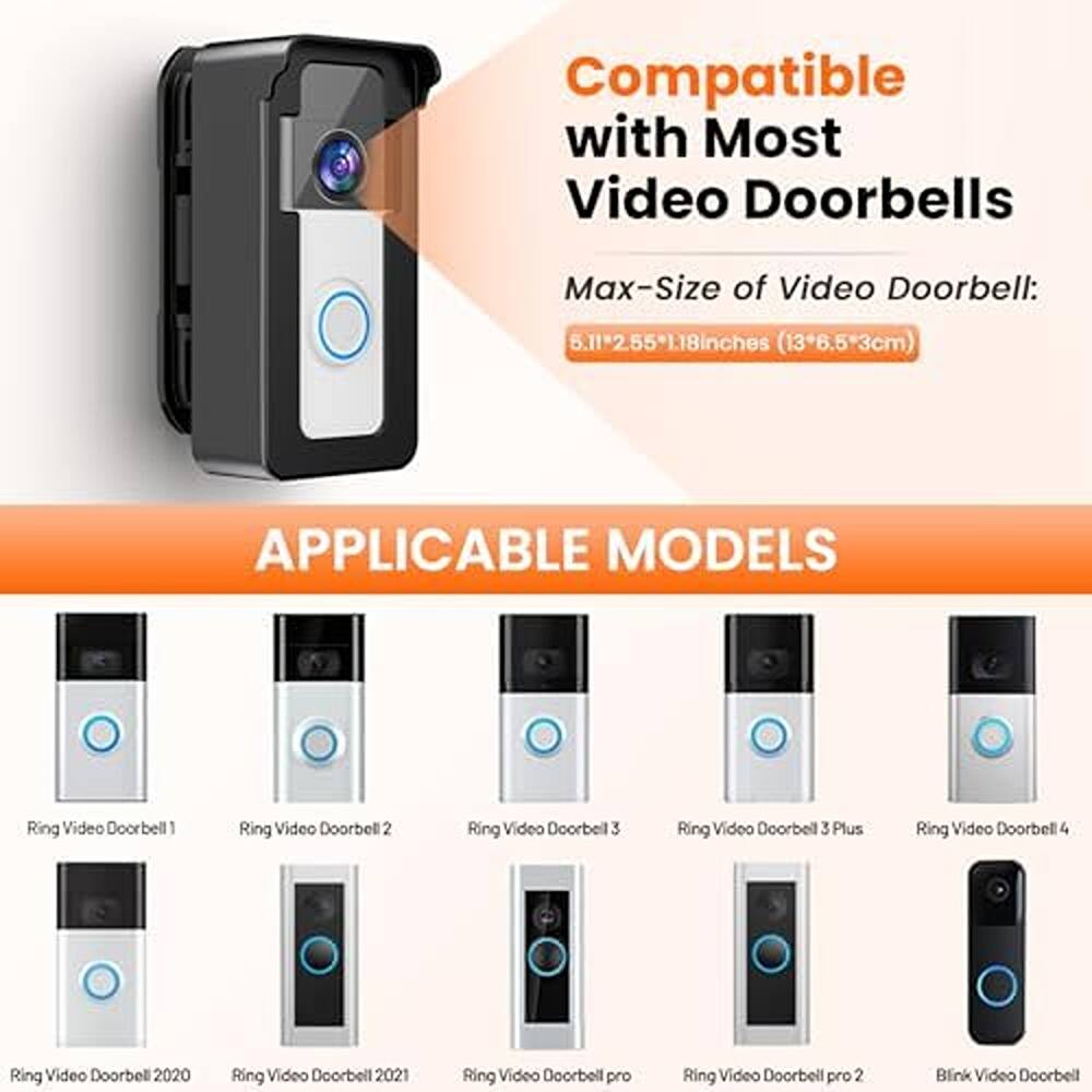 Compatible with Most Video Doorbells  
Max-Size of Video Doorbell: 5.11*2.55*1.18 inches (13*6.5*3 cm)  

APPLICABLE MODELS  
- Ring Video Doorbell 1  
- Ring Video Doorbell 2  
- Ring Video Doorbell 3  
- Ring Video Doorbell 3 Plus  
- Ring Video Doorbell 4  
- Ring Video Doorbell 2020  
- Ring Video Doorbell 2021  
- Ring Video Doorbell pro  
- Ring Video Doorbell pro 2  
- Blink Video Doorbell