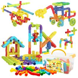 PicassoTiles - 100PCS STEM Pipe Building Interlocking Tube Construction Playset with Wheels & Clear Storage Box Learning Toy for Kids