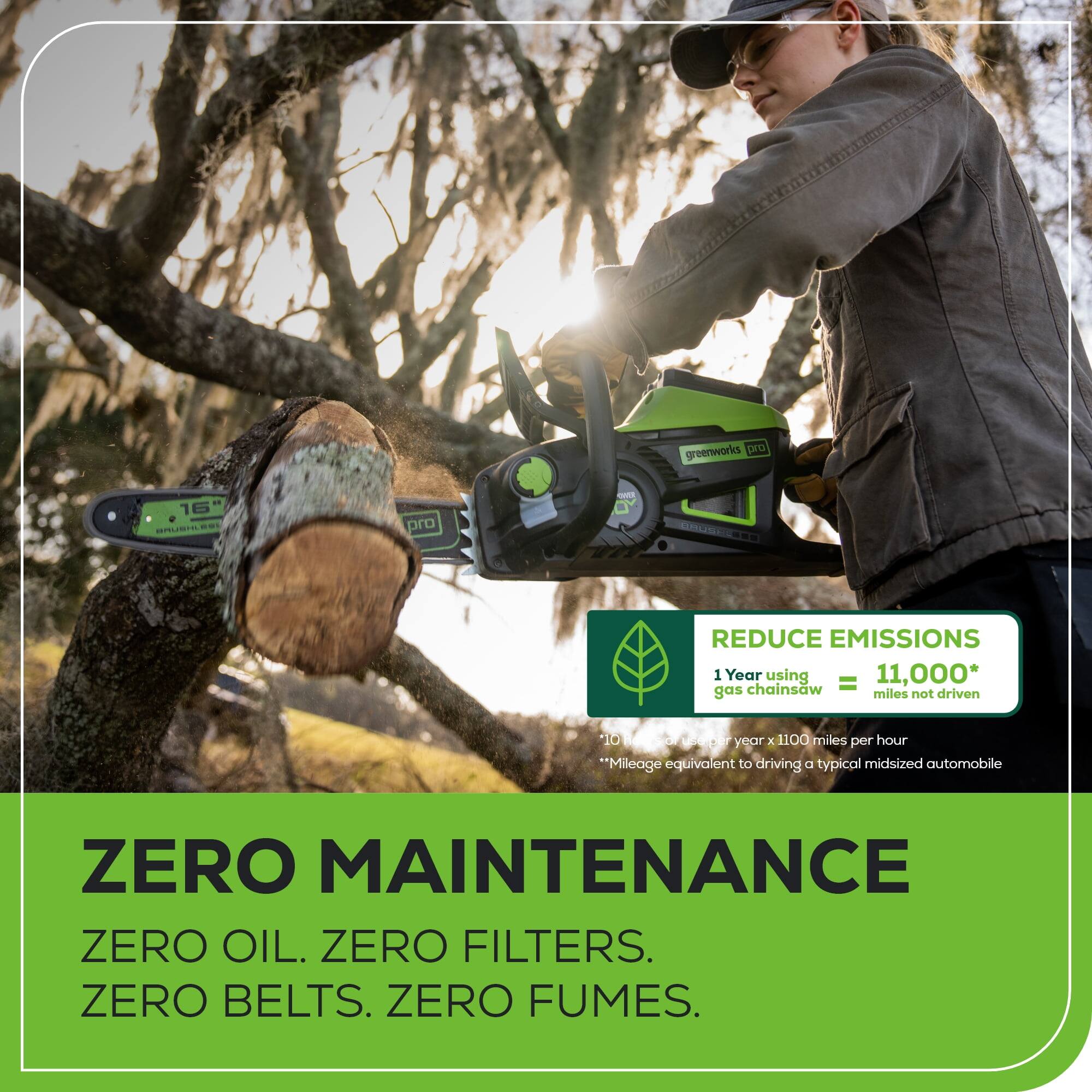 **GREENWORKS DRA BAUSTLER PRO GELISE**

**REDUCE EMISSIONS**
- 1 Year using gas chainsaw = 11,000* miles not driven
  - 10 hours per year x 1100 miles per hour
  - Mileage equivalent to driving a typical mid-sized automobile

**ZERO MAINTENANCE**
- ZERO OIL
- ZERO FILTERS
- ZERO BELTS
- ZERO FUMES

*10 hours per year x 1100 miles per hour
