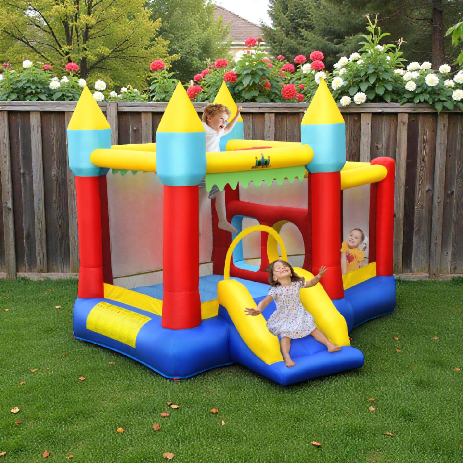 BreeBe - Deluxe Kids Inflatable Bounce Castle with Slide, No Blower Included - Multicolor