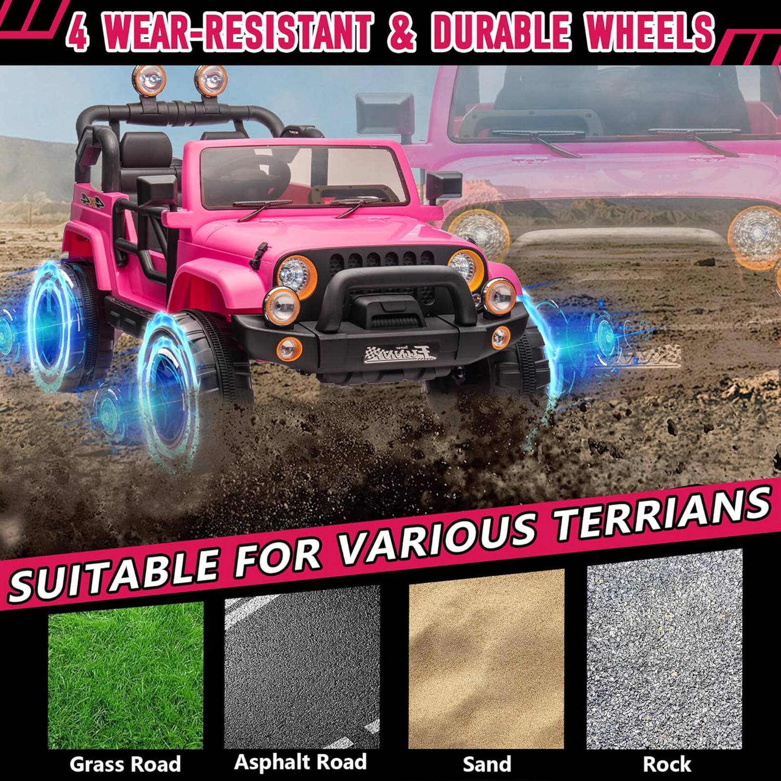 4 WEAR-RESISTANT & DURABLE WHEELS

SUITABLE FOR VARIOUS TERRIANS

Grass Road  
Asphalt Road  
Sand  
Rock