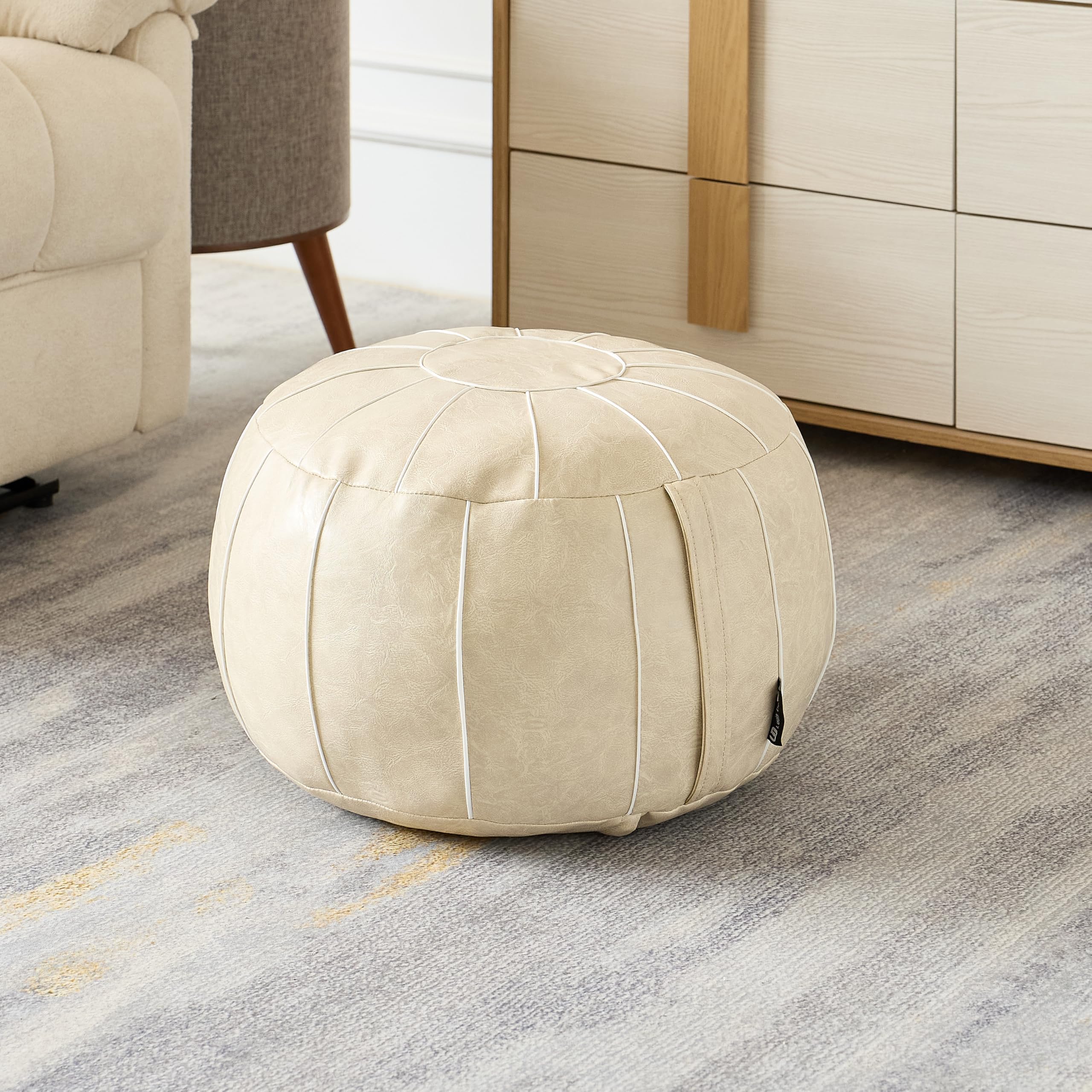 JETRANSPORT - Unstuffed Pouf Ottoman Cover Round Handmade Waterproof Faux Leather Foot Stool Storage Bean Bag Floor - Ivory White