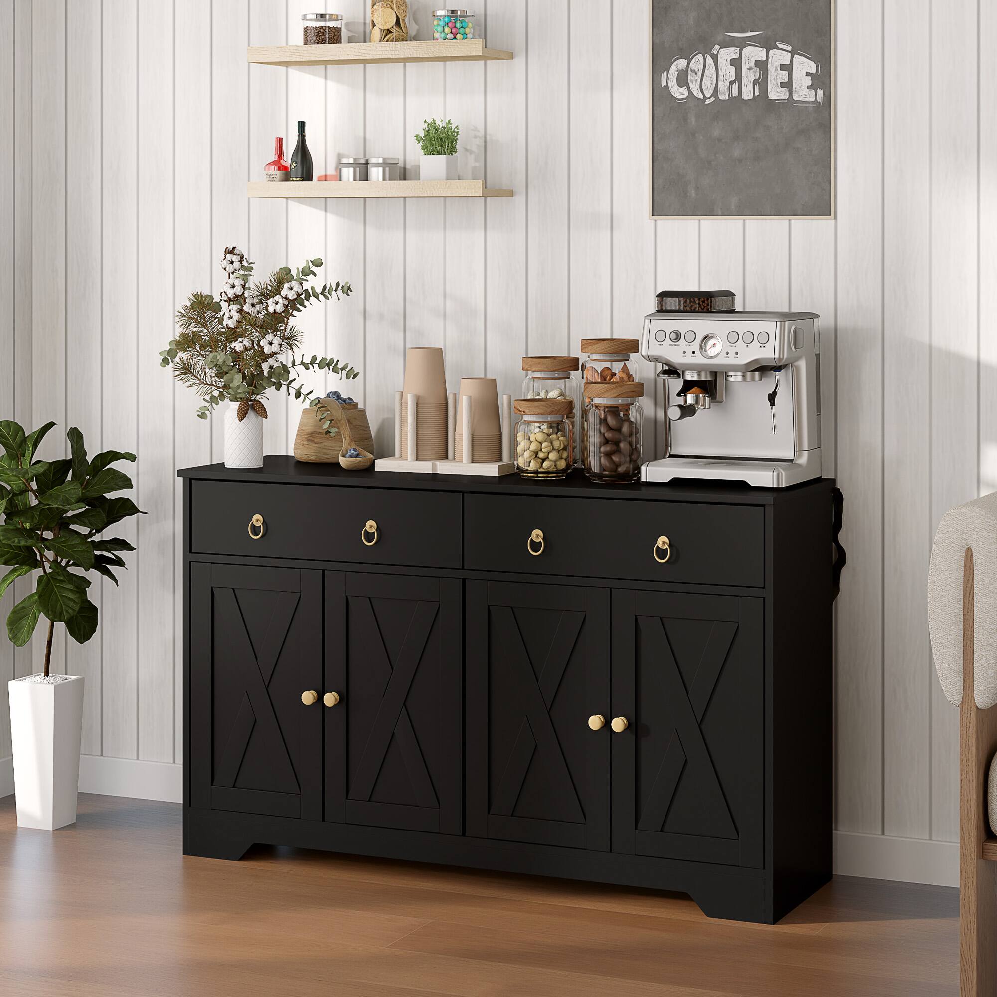 Alt View 1. Homcom - Sideboard Buffet Cabinet with Storage, 48" Kitchen Storage Cabinet with 2 Drawers and 4 Barn Doors,Bar Cabinet - Black.