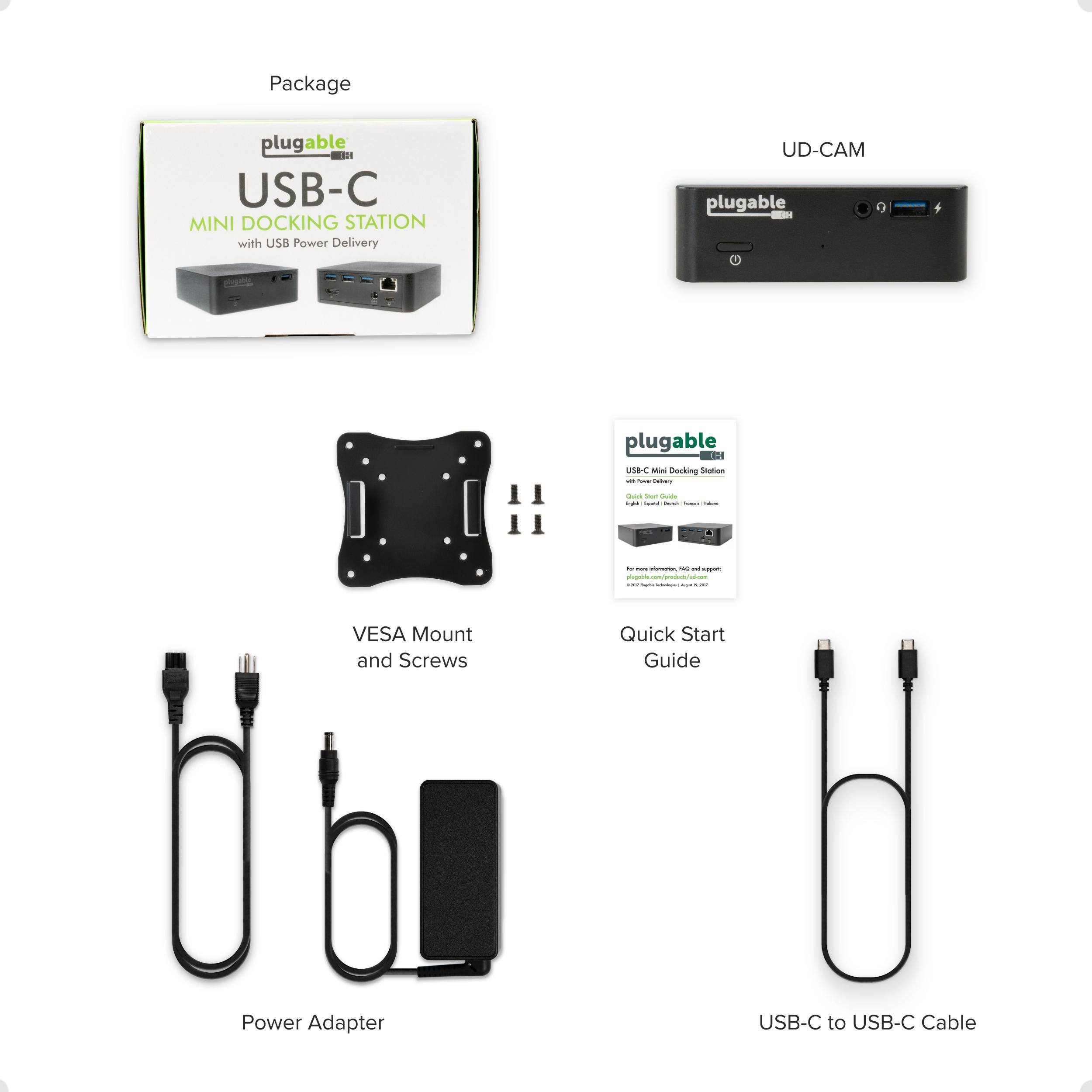 Package plugable USB-C MINI DOCKING STATION with USB Power Delivery UD-CAM VESA Mount and Screws Quick Start Guide Power Adapter USB-C to USB-C Cable