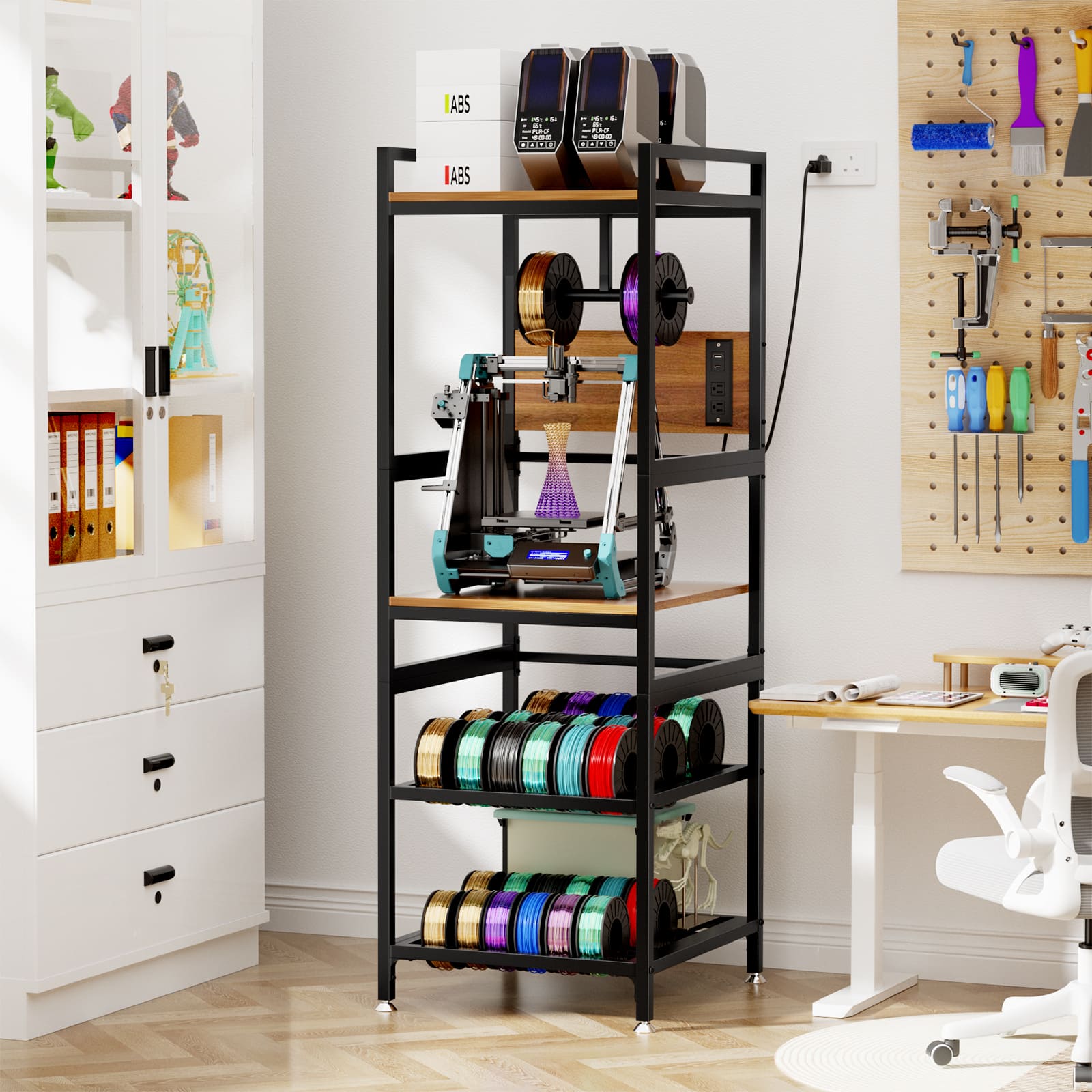 Chateau Abodes - 3D Printer Stand with Filament Storage, Heavy-Duty Metal Frame & Built-in Power Panel for Home & Workshop - Black