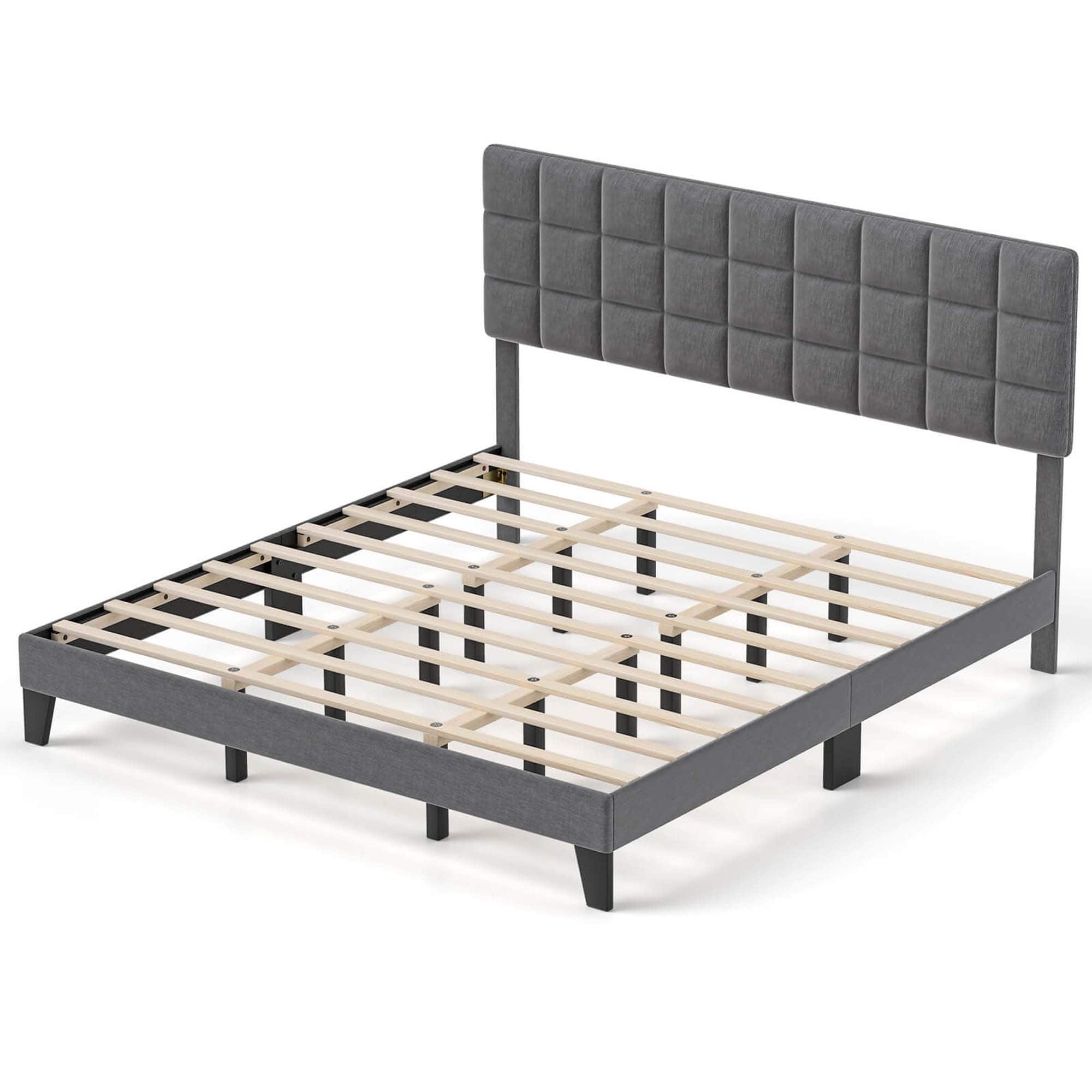 Front. Costway - King Size Bed Frame Modern Linen Fabric Upholstered Platform Bed with Headboard - Gray.