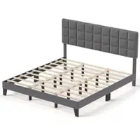 Costway King Size Bed Frame Modern Linen Fabric Upholstered Platform Bed with Headboard - Gray - Front_Zoom