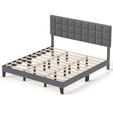 Front. Costway - King Size Bed Frame Modern Linen Fabric Upholstered Platform Bed with Headboard - Gray.
