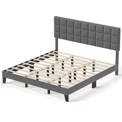 Front. Costway - King Size Bed Frame Modern Linen Fabric Upholstered Platform Bed with Headboard - Gray.