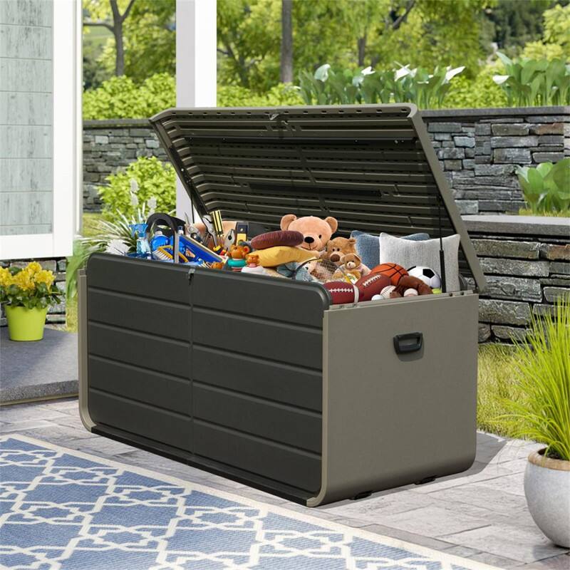 Alt View 6. HTUTWOO - 200 Gallon Plastic Deck Box - Large Patio Storage Box with Lock Wheels Waterproof Lid for Cushions Garden Pool Supplies - Gray.
