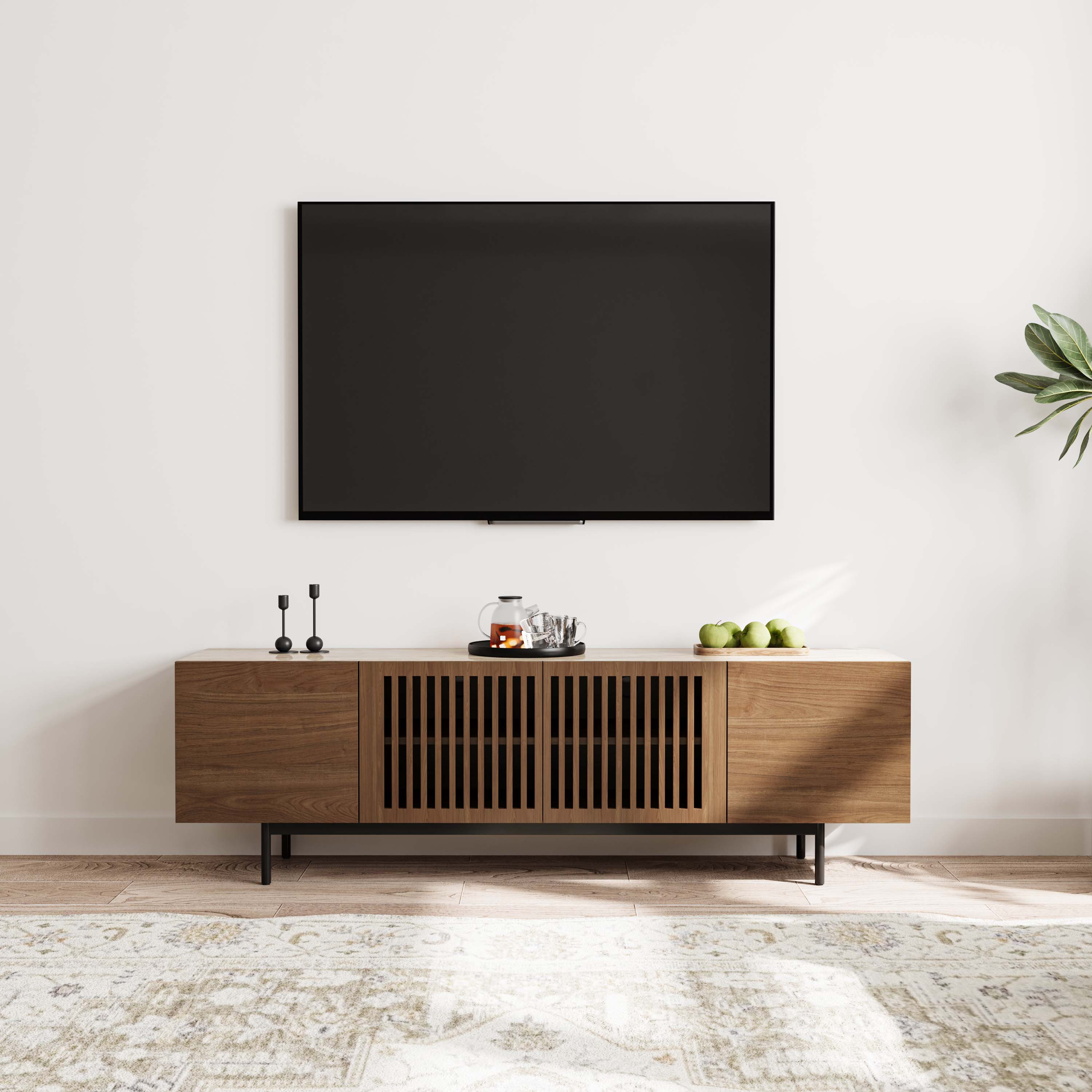 Angle. POVISON - 71" Mid-Century TV Stand with Sintered Stone Wood Media Console with Walnut Veneer Slatted Cabinet, Tall-Cast Metal Legs - Walnut.
