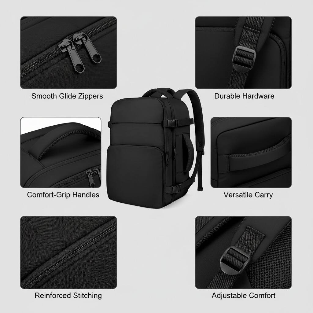 Smooth Glide Zippers  
Durable Hardware  
Comfort-Grip Handles  
Versatile Carry  
Reinforced Stitching  
Adjustable Comfort