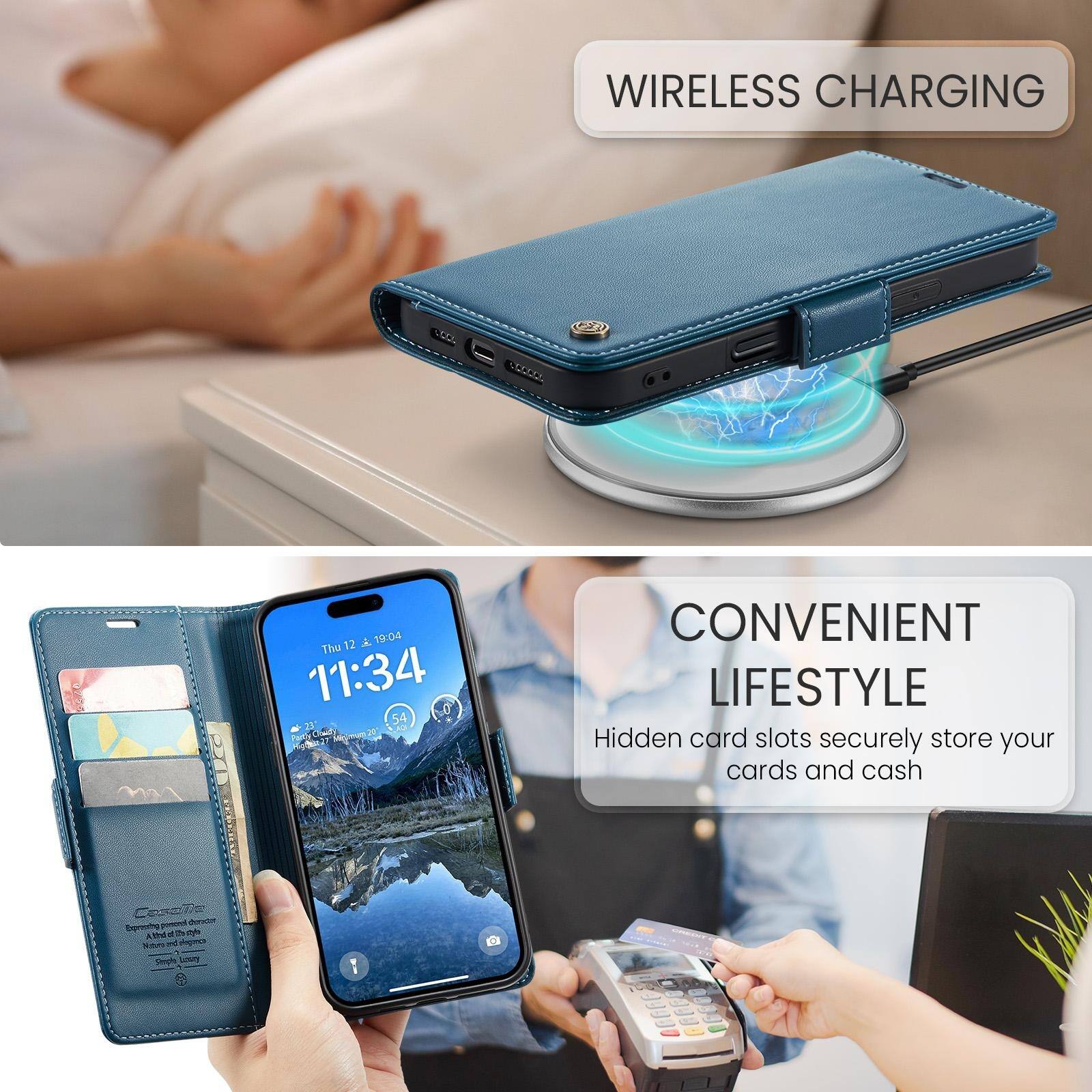 WIRELESS CHARGING

100%
12 A 19:04 Thu 11:34 23' 54

CONVENIENT LIFESTYLE
Hidden card slots securely store your cards and cash

Casa DE dender Exprenting 5 thd kon

Reply

30