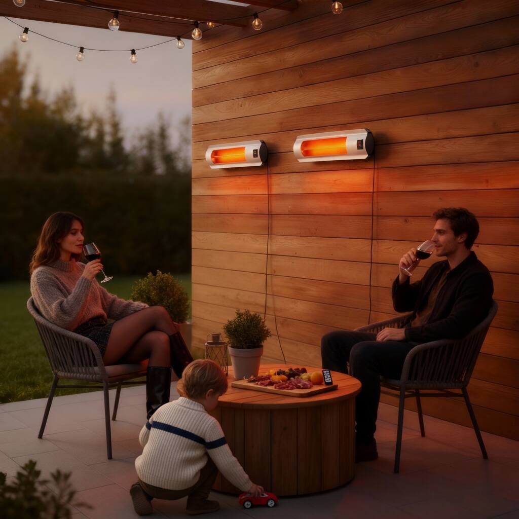 Back. Airo Comfort - Electric Patio Heater 1500W – Wall-Mount Outdoor Infrared Heater with Carbon Tube Heating - Silver.