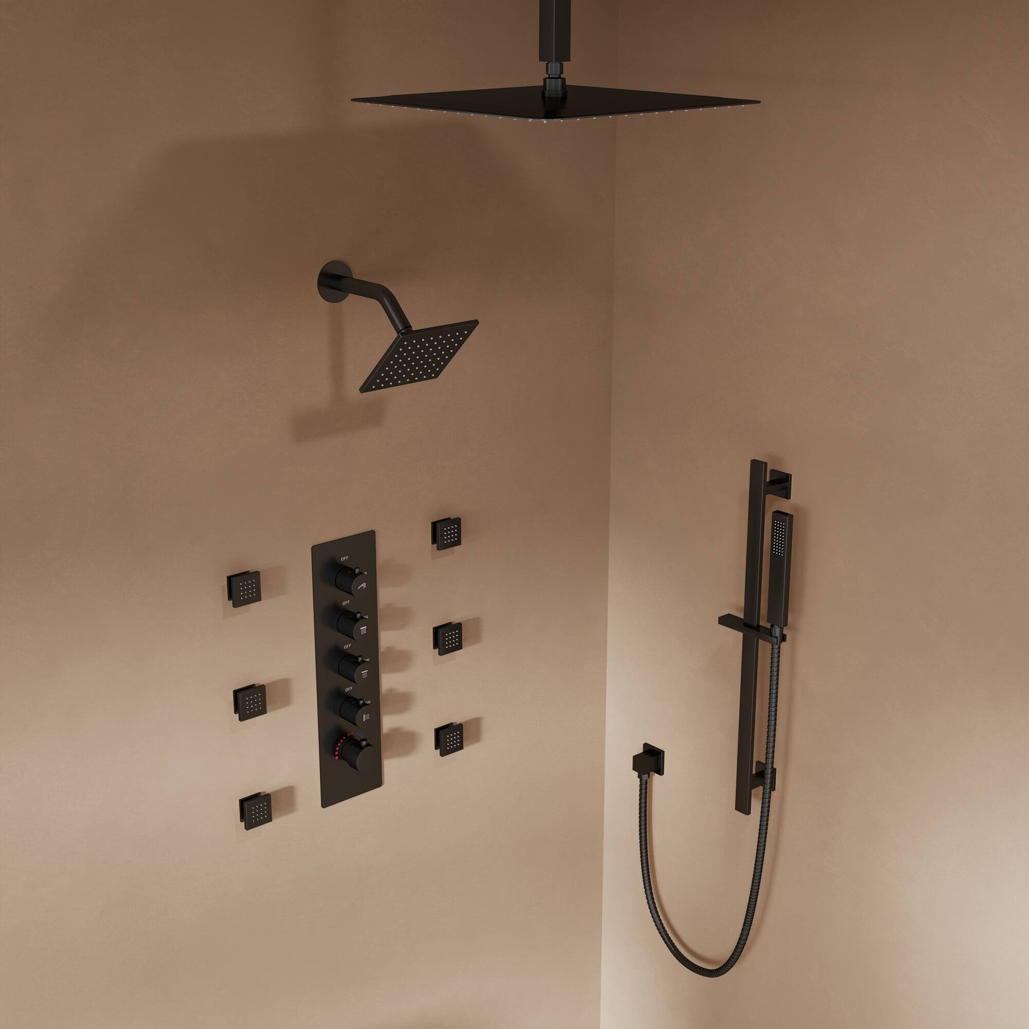 Alt View 8. GRANDJOY - 16" Thermostatic Shower System with Dual Rainfall Shower Heads, Handheld Sprayer, and Six Body Jets for Luxury Bathroom - Matte Black.