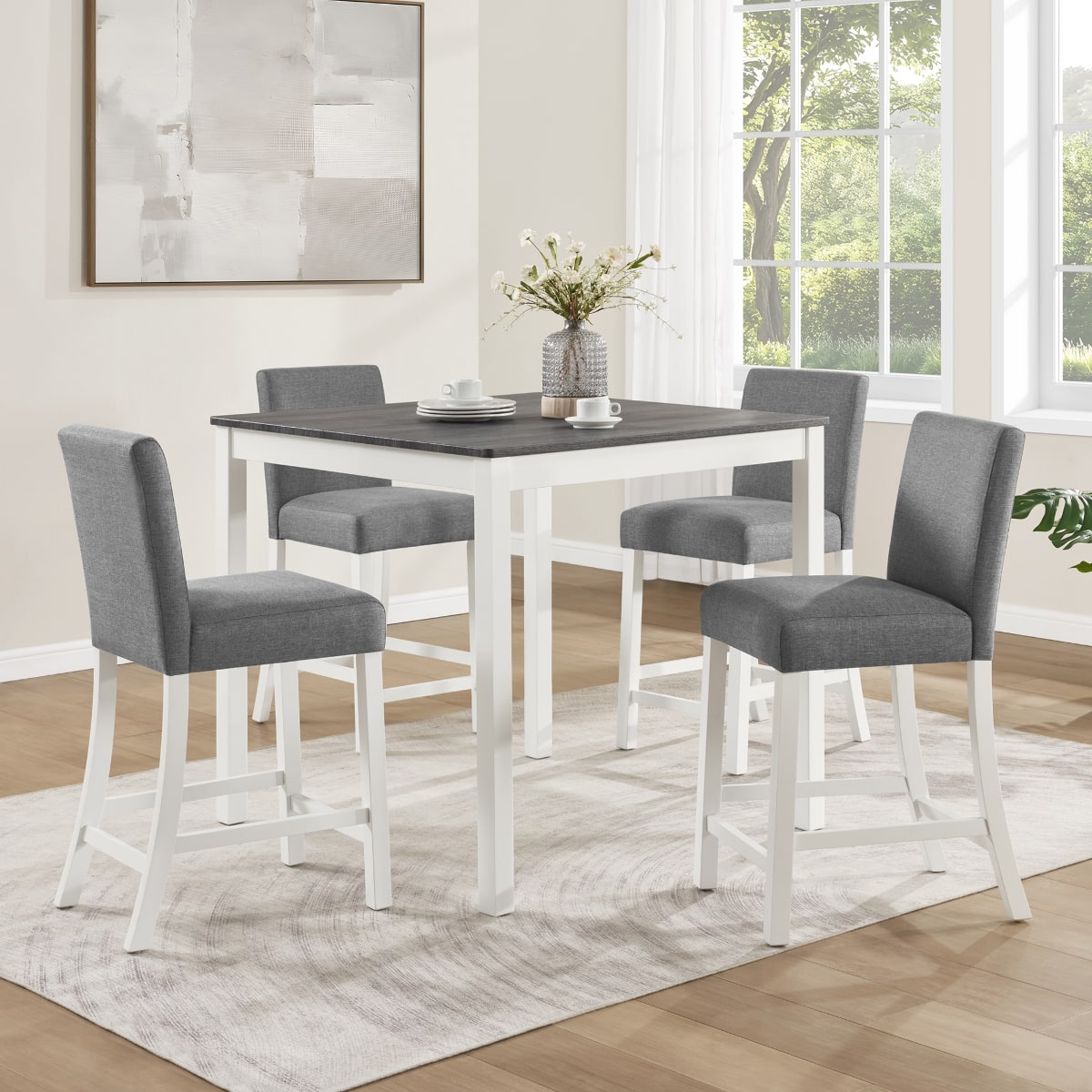 Loheer - 5 Piece Counter Height Dining Set, Square Wood Table with Four Upholstered Chairs, Grey and White - Grey and White Two Tone