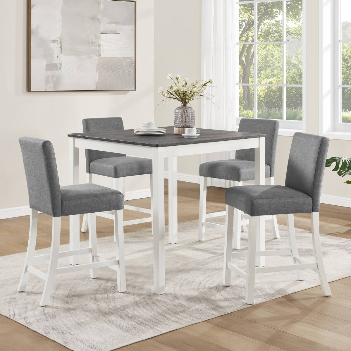 Front. Loheer - Loheer 5 Piece Counter Height Dining Set, Square Wood Table with Four Upholstered Chairs, Grey and White - Grey and White Two Tone.