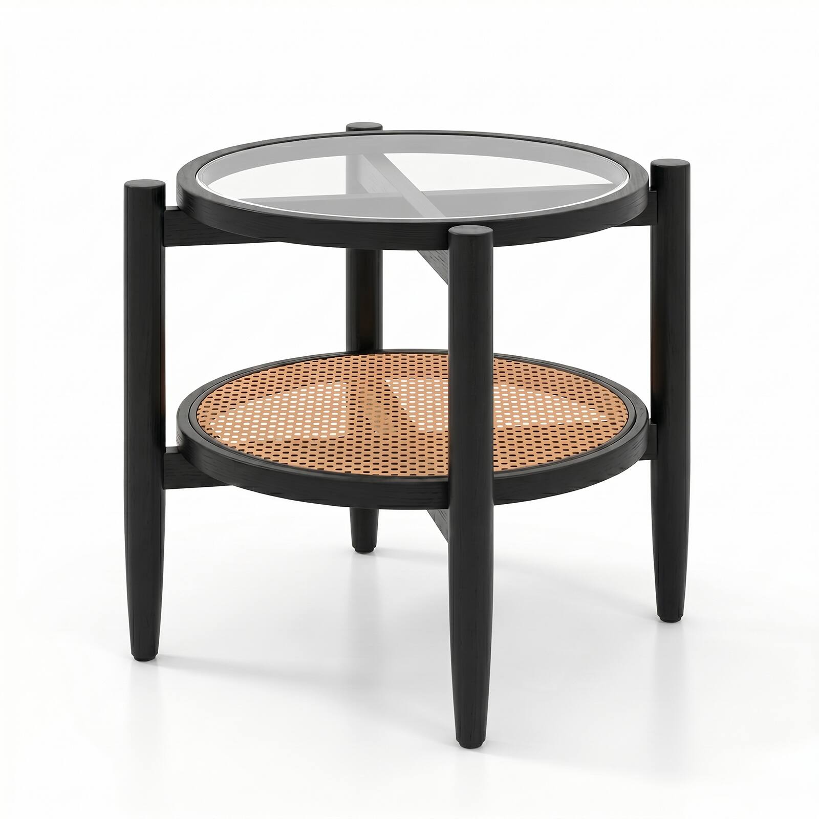Alt View 8. Gymax - Gymax 2-Tier Round Side End Table PE Rattan Sofa Nightstand Tempered Glass Tabletop - Black.