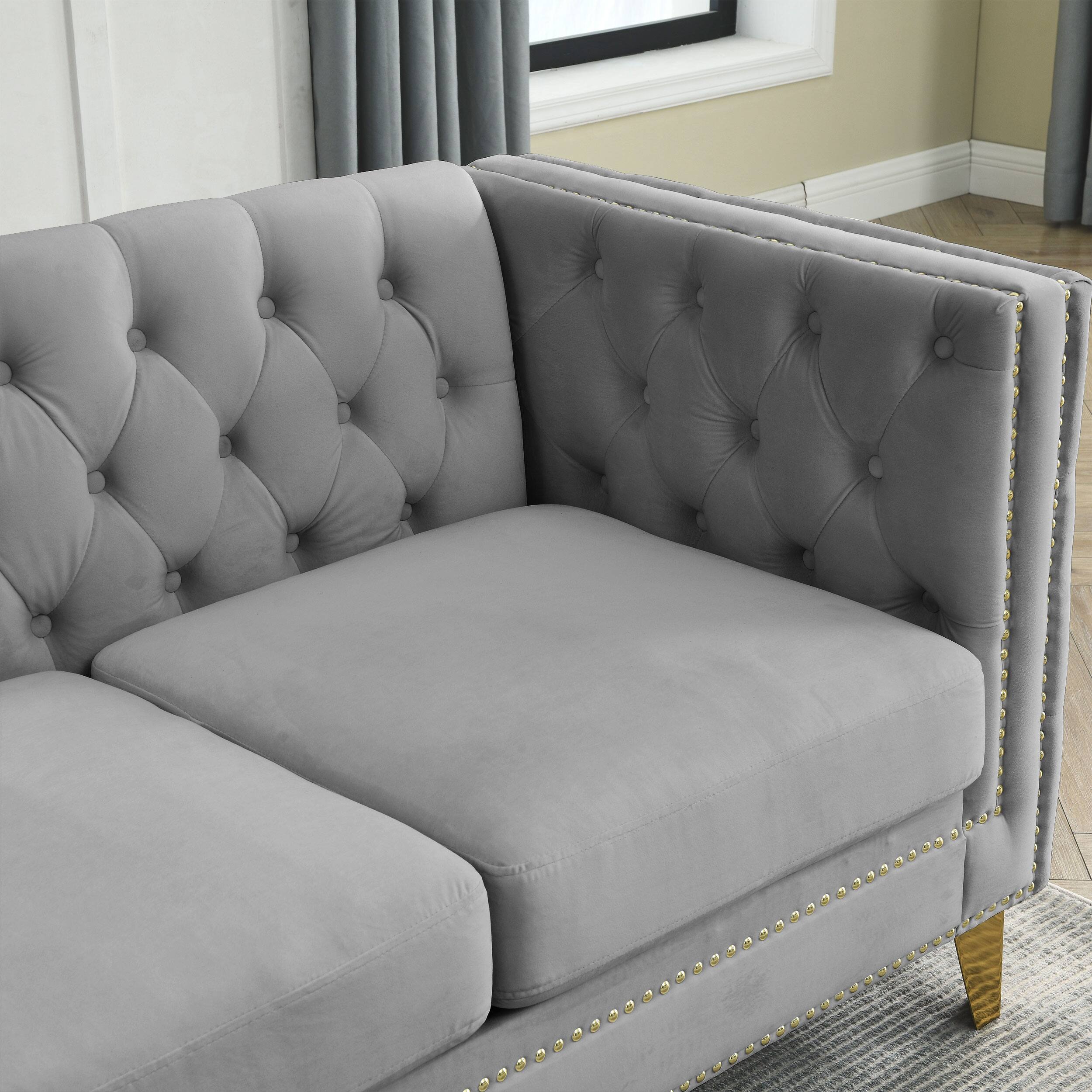 Alt View 1. Anysun - 82.2-Inch Velvet Corner Sofa – L-Shaped Sectional Couch, 5-Seater Corner Sofa with 3 Cushions for Apartment, Office - Grey.