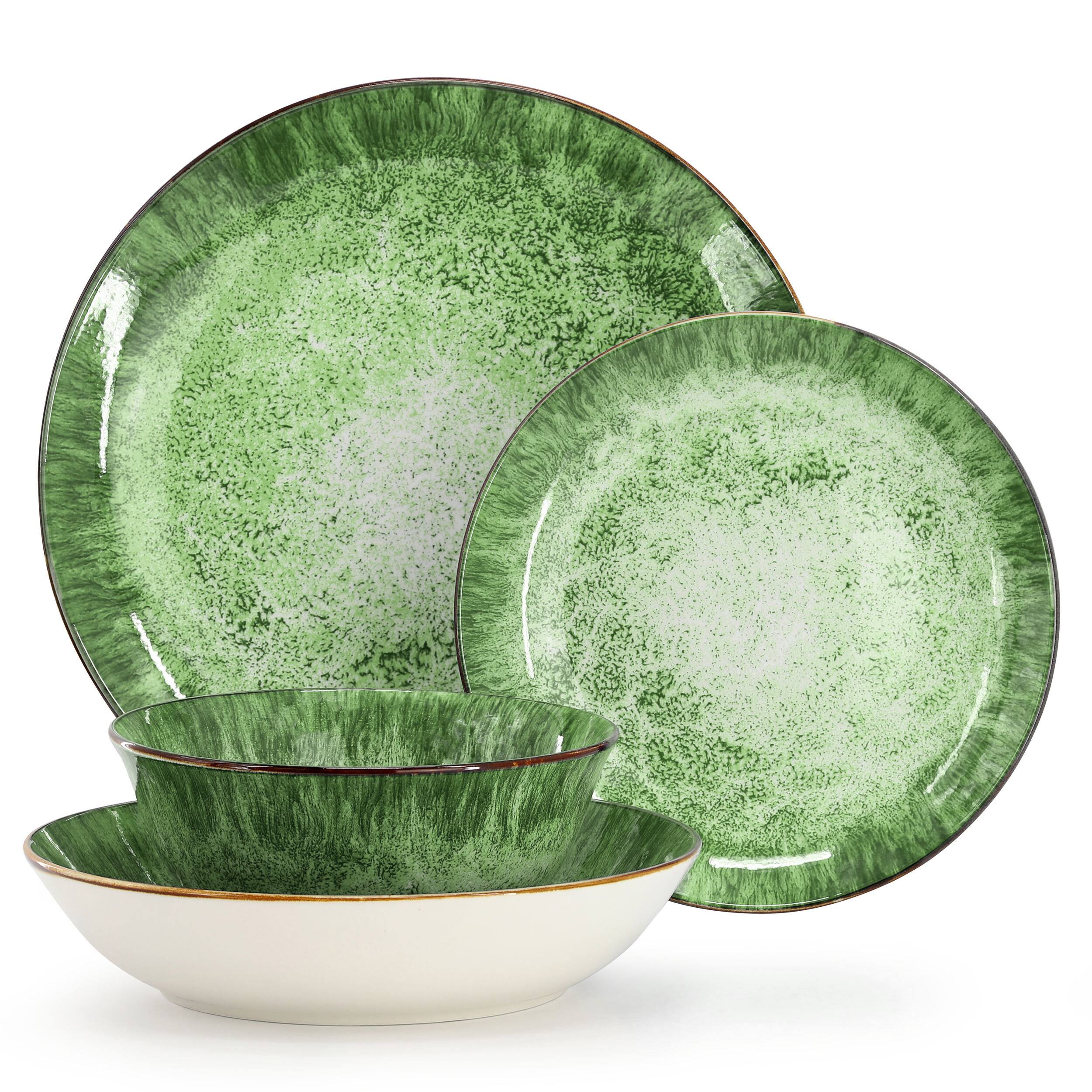 Alt View 1. Elama - Elama Oceanus 16 Piece Porcelain Double Bowl Dinnerware Set in Green - Green.