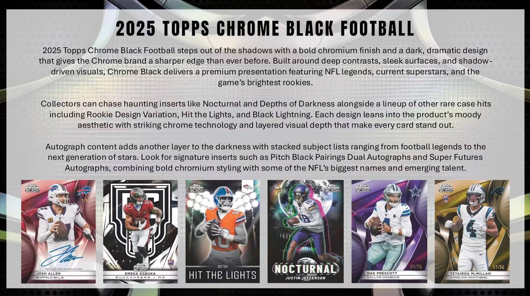 2025 TOPPS CHROME BLACK FOOTBALL

2025 Topps Chrome Black Football steps out of the shadows with a bold chromium finish and a dark, dramatic design that gives the Chrome brand a sharper edge than ever before. Built around deep contrasts, sleek surfaces, and shadow-driven visuals, Chrome Black delivers a premium presentation featuring NFL legends, current superstars, and the game's brightest rookies. Collectors can chase haunting inserts like Nocturnal and Depths of Darkness alongside a lineup of other rare case hits including Rookie Design Variation, Hit the Lights, and Black Lightning. Each design leans into the product's moody aesthetic with striking chrome technology and layered visual depth that make every card stand out. Autograph content adds another layer to the darkness with stacked subject lists ranging from football legends to the next generation of stars. Look for signature inserts such as Pitch Black Pairings Dual Autographs and Super Futures Autographs, combining bold chromium styling with some of the NFL's biggest names and emerging talent.