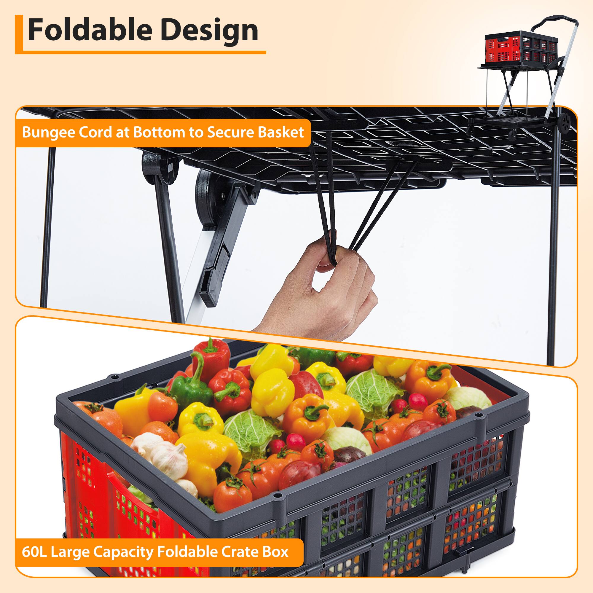 Foldable Design

Bungee Cord at Bottom to Secure Basket

60L Large Capacity Foldable Crate Box