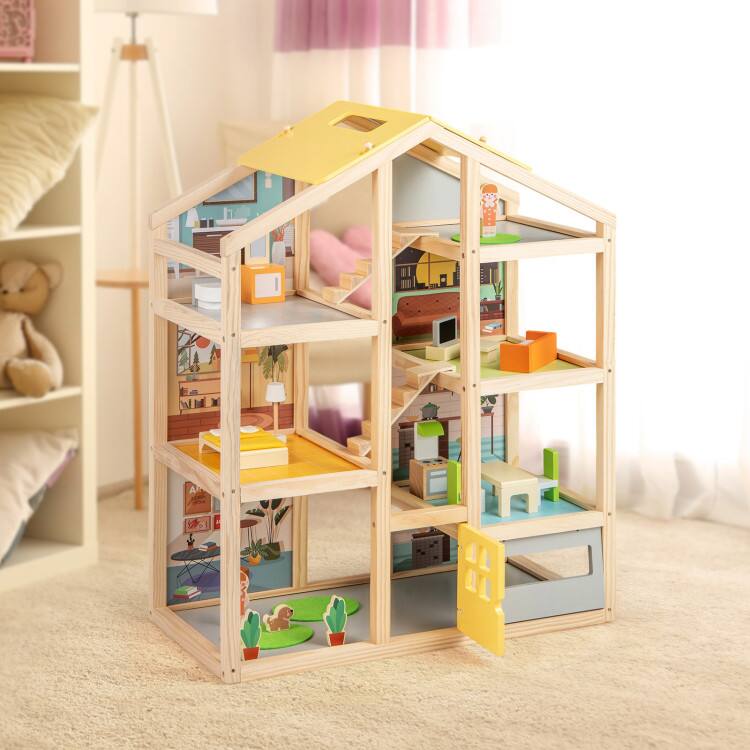 Alt View 1. SlickBlue - Wooden Dollhouse for Kids Modern Family Playhouse with Furniture and Figures - Natural.
