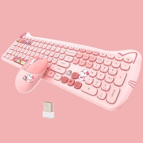 Cozy Serene - Cute Cat Usb Wireless And Mouse Combo Silent Keys Candy Colors Compatible With Notebook Pc Cute Cat Theme Design Cute - Pink-110Keys