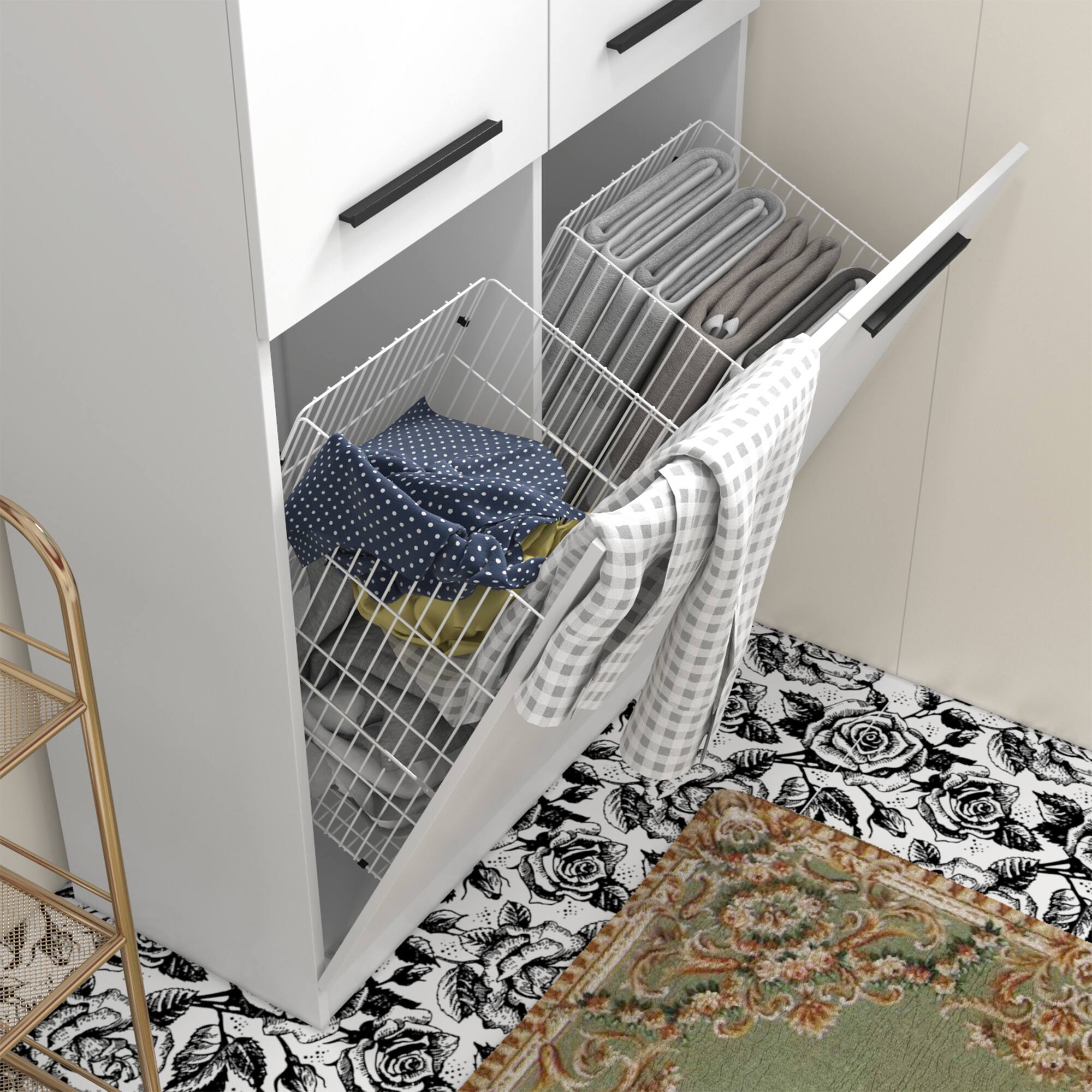 Alt View 1. FUFU & GAGA - Bathroom Storage Cabinet with Hidden Laundry Baskets – 78.7" Organizer Unit, Fixed Shelves, Flip‑Out Metal Hampers - White.
