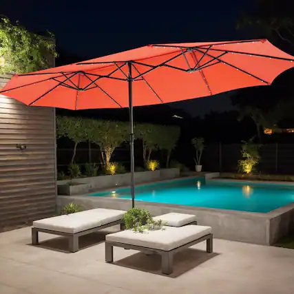 Front. Kadyn - 15 Feet Double Sided Patio Umbrella with 48 LED Lights Orange Outdoor Table Umbrella Yard Umbrella Outdoor Patio Umbrell - Orange.