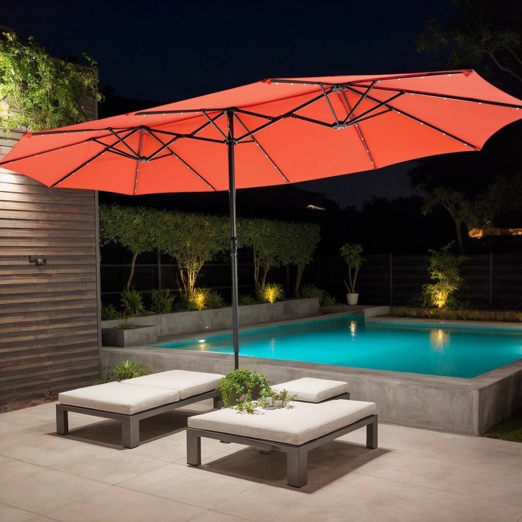 Front. Kadyn - 15 Feet Double Sided Patio Umbrella with 48 LED Lights Orange Outdoor Table Umbrella Yard Umbrella Outdoor Patio Umbrell - Orange.