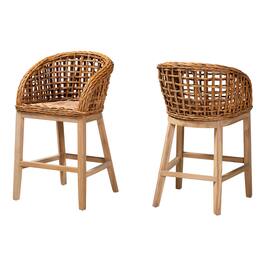 bali & pari - Mario Modern Bohemian Natural Finished Teak Wood and Rattan 2-Piece Counter Stool Set - Natural Brown/Brown