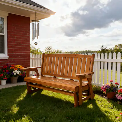 Front. Fortune Candy - Wooden Patio Glider with Cupholders, High Back and Deep Contoured Seat for Porch Yard Garden (Teak Tone, 3-Seater) - Teak Tone.